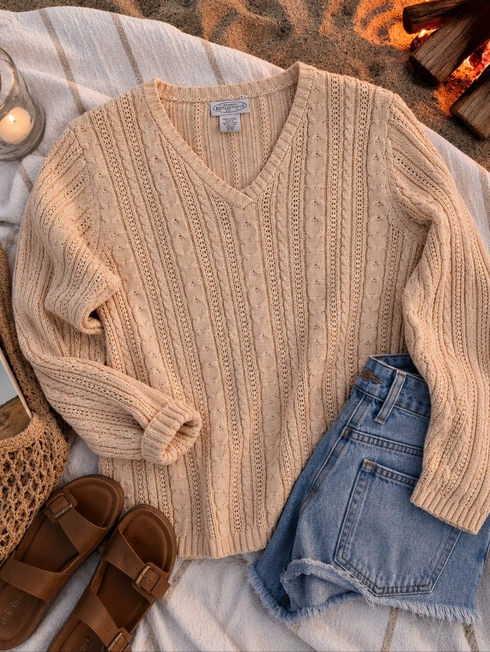 Vintage Northern Reflections Cotton Knit Sweater Tan V-Neck Cottagecore